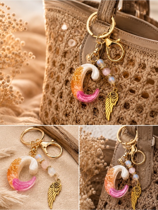 Artisan Handbags - Custom Orange and Pink Letter “C”Keychain with Rose Quartz and Gold Wing Charm